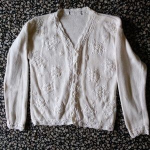 Off white Beaded Front Buttoned Spring Sweater Thin Woven Soft Jacket (S)